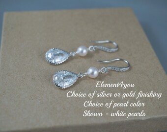 Cubic Zirconia Teardrop Bridal Earrings | Swarovski Pearl, Silver or Gold