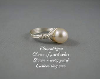 PEARL RING Wire wrapped ring, Bridesmaid ring, Bridesmaid gift, Swarovski pearls, Silver wrapping, Casual cocktail ring, Custom size ring