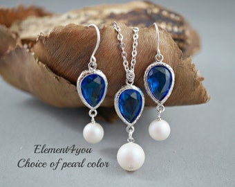 ROYAL BLUE Jewelry set Bridesmaid wedding gift necklace earrings Cubic zirconia Royal Blue teardrop rhodium chain pendant neck bridal party