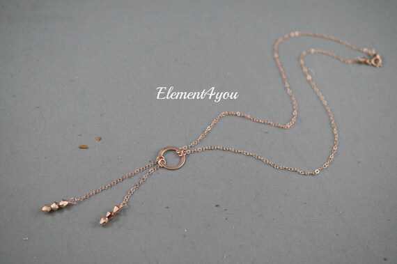 14k Rose Gold Necklace | Y Necklace with Circle Pendant | Delicate Dangle Chain Necklace | Rose Gold Filled | Simple Everyday Jewelry