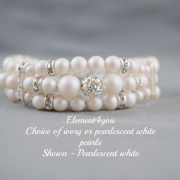 BRIDAL BRACELET - Cuff Pearlescent white or ivory pearls Three stranded Bridal jewellery Wedding Maid of honor gift Multi strands Rhinestone