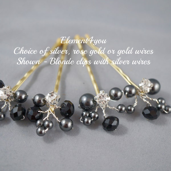 BLACK CLIPS - Pearls crystals bobby clips, Bridal Hair Pins, Wedding Hair Accessories, Pearl Wedding Hair Pins, Set of 4, Floral Vines clips