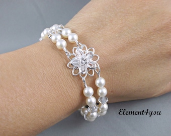 Flower Bridal Bracelet | Swarovski Daisy Flower Jewelry | Bridesmaid Gift | Maid of Honor Gift | Wedding Crystal Gift | Two-Strand Bracelet