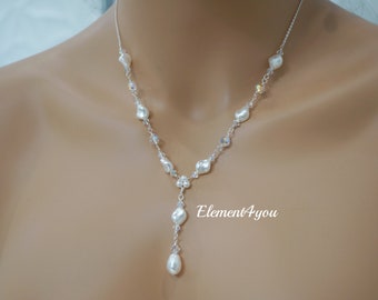 Bridal necklace, Wedding Y necklace, Rose gold filled jewelry, Silver drop necklace, Bride fall gift, Swarovski pearls crystals, Delicate