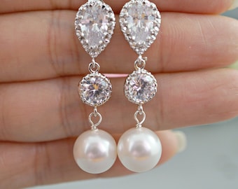 Bridal Cubic Zirconia Earrings | Bridesmaid Jewelry Gift | Silver or Gold CZ | Long Dangle Drop | Post Earrings | Handmade Unique Sparkly
