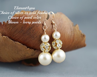 Wedding Bridal Pearl Earrings | Vintage Swarovski Champagne Pearls | Rhinestone Ball Beaded Wedding Elegant Bridesmaid & Maid of Honor Gift