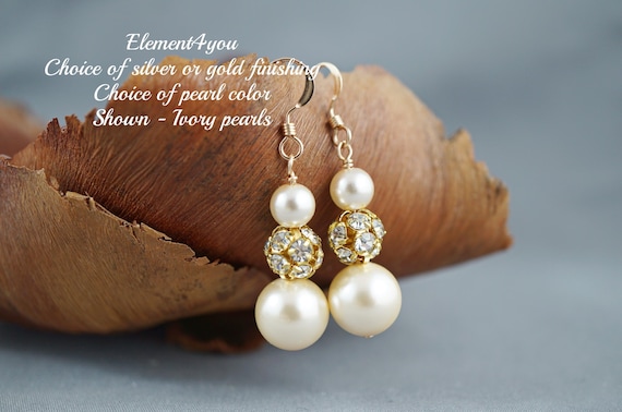 Wedding Bridal Pearl Earrings | Vintage Swarovski Champagne Pearls | Rhinestone Ball Beaded Wedding Elegant Bridesmaid & Maid of Honor Gift