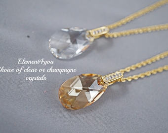 Swarovski Teardrop Pendant Necklace | 14k Gold Filled Rope Chain | Champagne Crystal | Bridesmaid Gift | Birthday Gift Bridal Party Jewelry