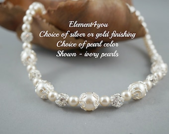 Bridal Necklace | Bridesmaid Jewelry | Wedding Pearl Necklace | Rhinestone & Pearl Silver Necklace | Swarovski Pearls in Ivory or Cream