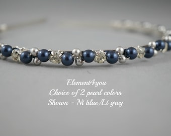 Wedding Headband | Bridal Hairband with Navy Blue & Ivory Pearls | Fall Bride Tiara Headpiece | Silver and Gold Pearls Handmade Accessory