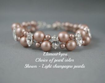 Wedding Jewelry | Bridal Bracelet | Bridesmaid Bracelet | Swarovski Pearls & Rhinestone Crystals | Two-Strand Design |Ivory Champagne Pearls