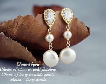 Bridal Earrings, Pearl Dangle Jewelry, Wedding Jewellery, Gold Silver CZ Post Earrings, Cubic Zirconia Earwires Long Sparkly Drop Coin Pearl