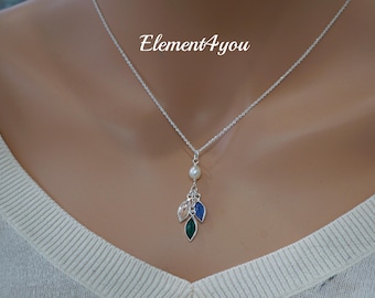 Birthstones Necklace | Keepsake Sterling Silver 925 Chain | Swarovski Marquis Pendant | Family Tree Jewelry | Mother’s Day Gift for Mom