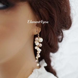 Bridal Earrings. Long pearl clusters earrings, Statement Ivory Pearl Earrings. Bridesmaid earrings, Maid of honor gift. Pink Blue Green image 3