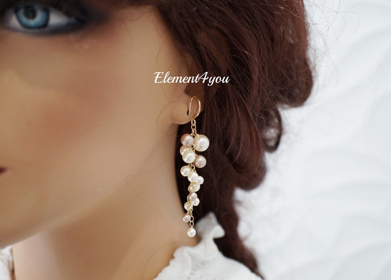 Bridal Earrings. Long pearl clusters earrings, Statement Ivory Pearl Earrings. Bridesmaid earrings, Maid of honor gift. Pink Blue Green image 3
