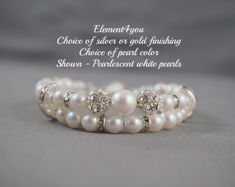 Bridal cuff bracelet pearlescent white  ivory pearls two 2 stranded bride jewelry wedding maid of honor wedding day gift handmade bracelet
