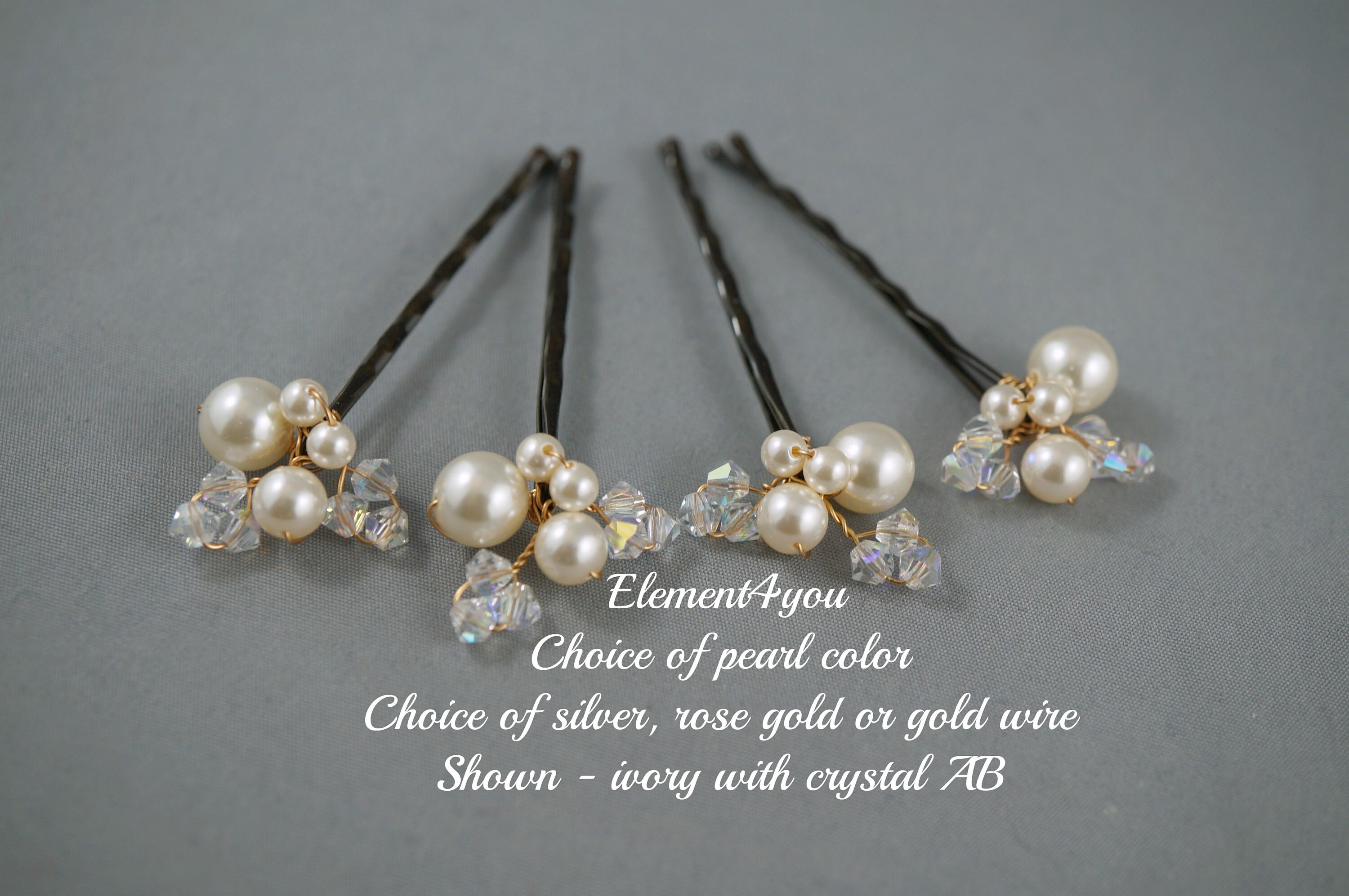 Ivory/Crystal/Pearl Wire Hair Clip Beautiful Ivory Bridal Hair Pins set of 3 - with crystals  main image 2