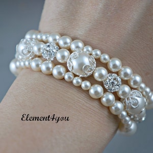 Bridal Bracelet | Three-Strand Bridesmaid Bracelet with Rhinestone & Swarovski Pearls | Wedding Jewelry in Ivory, Pearlescent White, Cream