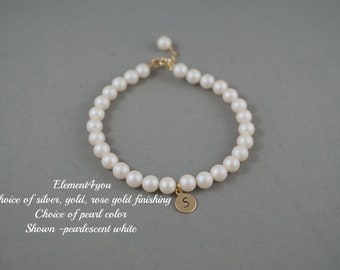Pearl bracelet, Initial charm bracelet, Bridesmaid pearl bracelet, Pearl strand, Wedding Jewelry gift, Classic pearl bracelet. rose pink