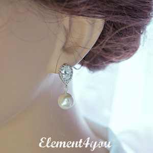 Bridal Earrings, Wedding Bridesmaid Gift, Bride Jewelry, Cubic Zirconia earrings, Post it earrings, Swarovski Pearl Short Dangle Formal Wear image 6