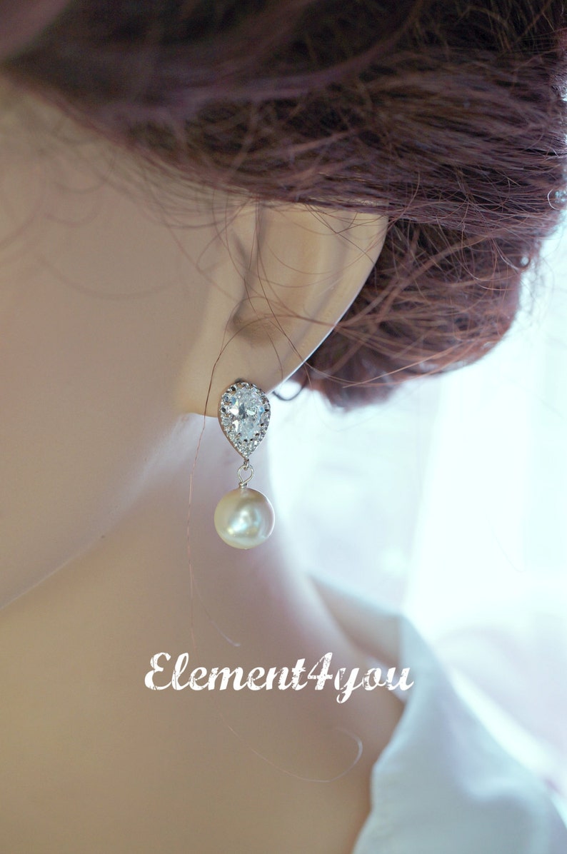 Bridal Earrings, Wedding Bridesmaid Gift, Bride Jewelry, Cubic Zirconia earrings, Post it earrings, Swarovski Pearl Short Dangle Formal Wear image 6