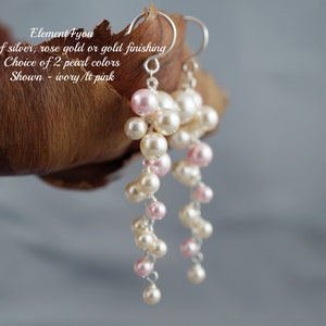 Bridal Earrings. Long pearl clusters earrings, Statement Ivory Pearl Earrings. Bridesmaid earrings, Maid of honor gift. Pink Blue Green image 2
