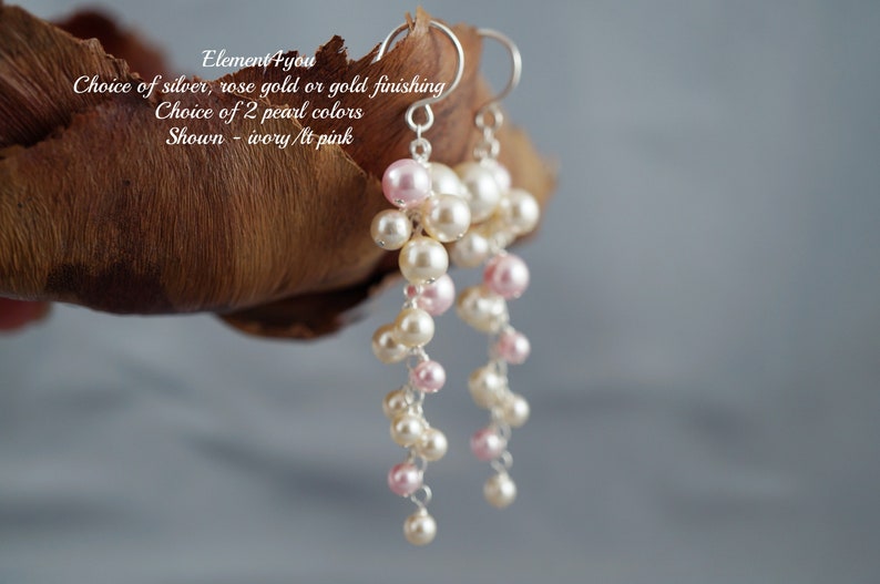 Bridal Earrings. Long pearl clusters earrings, Statement Ivory Pearl Earrings. Bridesmaid earrings, Maid of honor gift. Pink Blue Green image 2