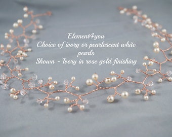 CHEVEUX DE MARIÉE VINES Argent Vignes en fil d’or rose, Perles d’ivoire blanc crème nacré, Accessoires pour cheveux de mariée, Diadèmes de vigne pour cheveux, Coiffe 00