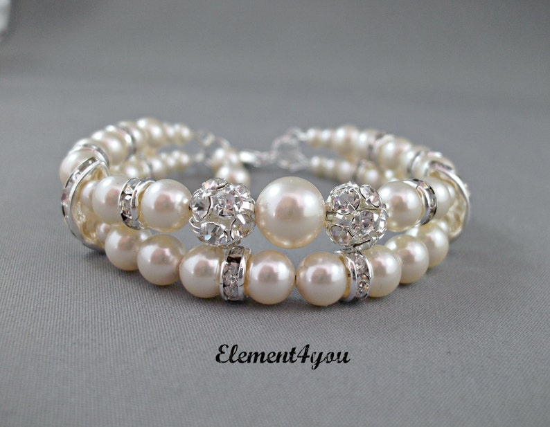 Bridal cuff bracelet pearlescent white ivory pearls two 2 stranded bride jewelry wedding maid of honor wedding day gift handmade bracelet image 2