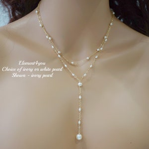 Bridal 2-Layer Delicate Necklace | 14k Gold Filled | Ivory or White Pearls | Wedding Jewelry | Layered Y Necklace with Long Front Dangle