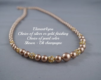 Wedding Bridal Pearl Necklace | Vintage Swarovski Champagne Pearls | Rhinestone Ball | Beaded Wedding Jewelry | Elegant Bridesmaid MOH Gift