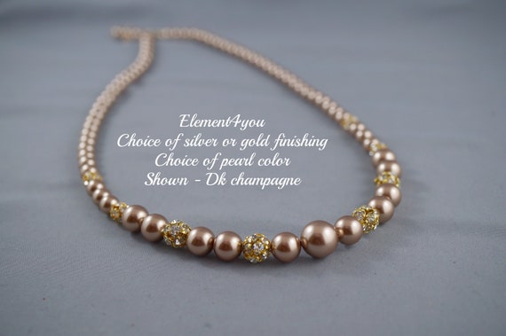 Wedding Bridal Pearl Necklace | Vintage Swarovski Champagne Pearls | Rhinestone Ball | Beaded Wedding Jewelry | Elegant Bridesmaid MOH Gift