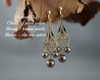 Gold Chandelier Earrings | Bridal Brown Pearl Dangle, Clip-On Option