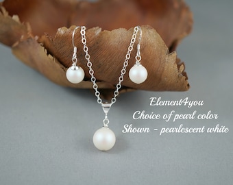 Bridesmaid Jewelry Sterling Silver Gift Set | Simple Pearl Necklace & Earrings | Wedding Bridal Party Jewelry | Single Pearl Drop Pendant