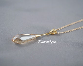 Bridal Swarovski Crystal | Wedding Jewelry | Champagne Teardrop Pendant | Y Necklace | 14k Gold Filled | Mother of Bride Gift