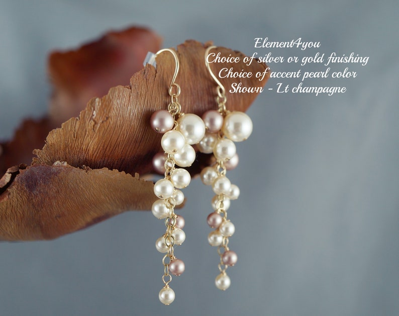 Bridal Earrings. Long pearl clusters earrings, Statement Ivory Pearl Earrings. Bridesmaid earrings, Maid of honor gift. Pink Blue Green image 1