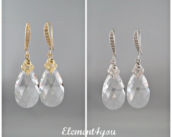 EARRINGS - Clear teardrop crystal earrings Bridal teardrop Fancy CZ earwires Swarovski tear drop Wedding jewelry Mother of bride earrings