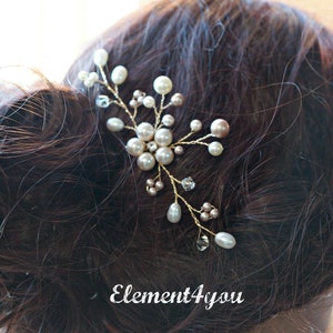 WEDDING hair pin Bridal hair accessories Swarovski white pink Pearls Freshwater pearls Gold vines Flower hair clip Rhinestone handmade image 3