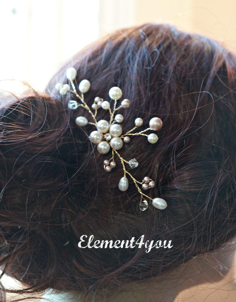 WEDDING hair pin Bridal hair accessories Swarovski white pink Pearls Freshwater pearls Gold vines Flower hair clip Rhinestone handmade image 3