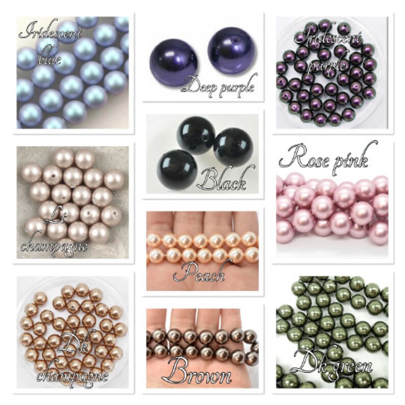 May include: Assortment of pearl beads in various colors, including iridescent blue, deep purple, black, rose pink, light champagne, peach, dark champagne, brown, and dark green.