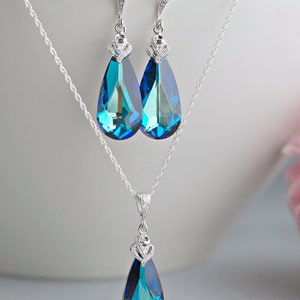 BERMUDA SET Swarovski Blue Crystal Necklace Earrings Dark Teal Something Blue Gold Silver Peacock Jewelry Teardrop Pendant Bridesmaid Gift image 3