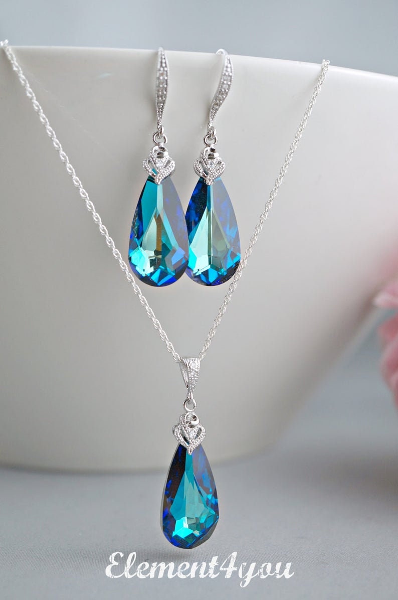 BERMUDA SET Swarovski Blue Crystal Necklace Earrings Dark Teal Something Blue Gold Silver Peacock Jewelry Teardrop Pendant Bridesmaid Gift image 3