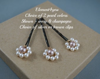 CLIPS - Pearl Bobby Pins Hair Accessories Swarovski Gold Brown Pink Champagne Ivory Bridesmaid gift Wedding headpieces Flower girl hair do