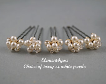 Bridal Set of 5 Hair Pins | Ivory Pearlescent White Pearls & Crystal Clusters | Silver and Gold Wire Hair Pieces | Bridesmaid Gift Handmade