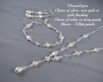 Bridal Jewelry Set | Fall Wedding Necklace, Earrings & Bracelet | Swarovski Pearls Crystals | Handmade Delicate Chain | Free Shipping in US
