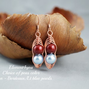 Pea Earrings | Peas in a Pod Jewelry | Sweet Pea Earrings with Wire Wrapped Rose Gold & Pearls | Twin Sister Gift | Pearl Dangle Earrings