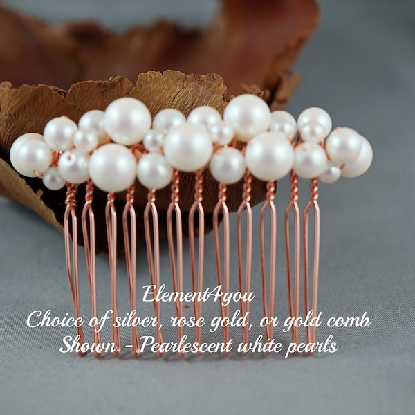 HAIR COMB - Bridal Pearl Bridesmaid hair comb, Ivory cream pearlescent white pearls Cluster pearls Silver metal comb Formal hair do Wedding