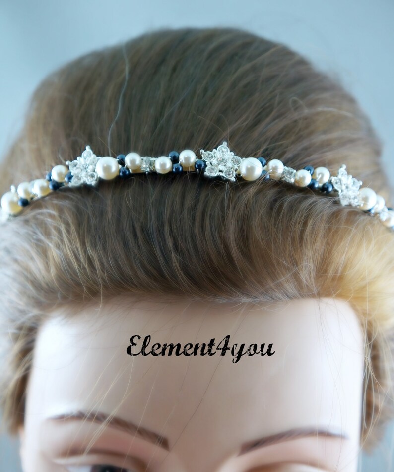 Wedding Headband Navy blue ivory pearls headband Bridal Etsy