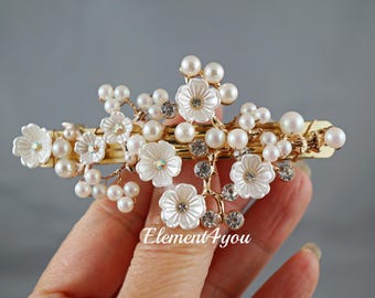 Flower Breaths Pearls Barrette | Bridal Gold White Headpiece | Wedding Hair Clip Headpiece | Fall Hair Accessory | Bride Half Hair Updo Clip