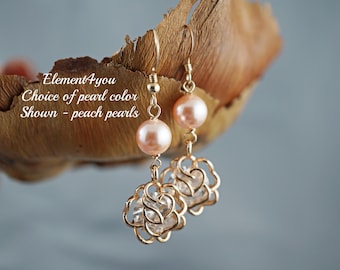 Gold Flower Dangle Earrings | Peach Swarovski Pearl, Bridal Jewelry